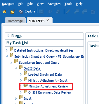 Selected ministry adjustment - review tab in task list under OnSIS data